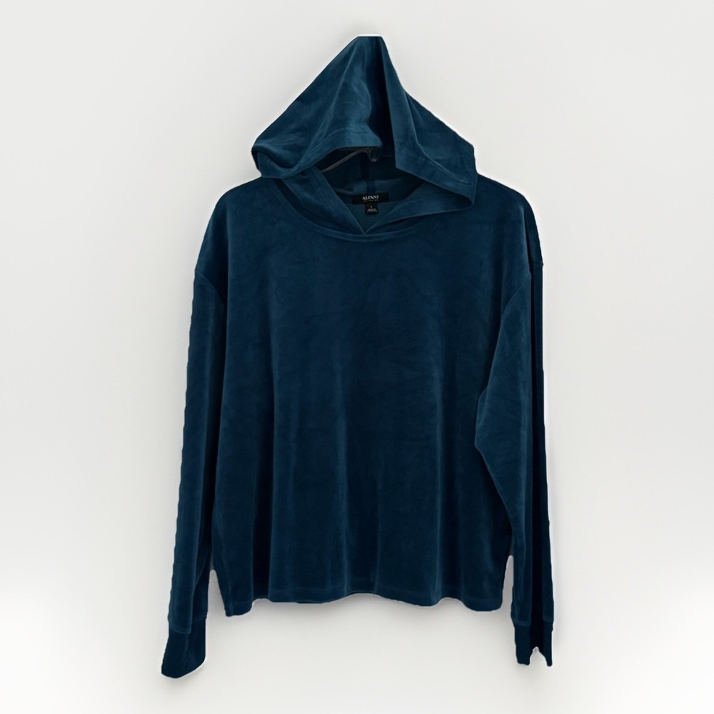 ALFANI Intimates Hoodie Womens L Blue Regular Fit Velvet Stretch Pullover